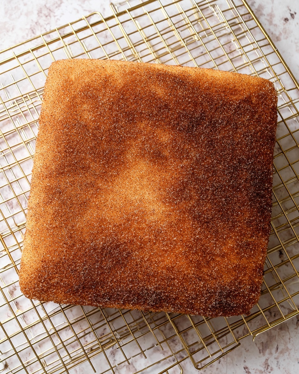 The image shows a close-up of several pieces of light brown cake stacked on a wooden board. Each cake piece has a soft, moist texture with small air holes inside, and a darker brown, slightly crunchy top layer covered with a dusting of sugar and cinnamon. The cakes are square-shaped, and the stack creates a layered effect with some pieces leaning on others. The background and surface are white with a marbled texture, and a red and white striped cloth is partially visible at the bottom corner. photo taken with an iphone --ar 4:5 --v 7