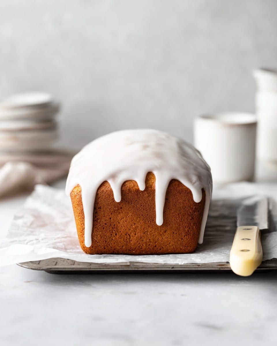 The image shows two slices of light brown cake with a soft and moist texture, each slice having a thin layer of white icing mainly on the edges. The cake slices are placed on white parchment paper over a white marbled surface. A knife with a beige handle and a silver blade lies next to the top right cake slice, with a small drop of icing near the blade. The scene is bright and clear, highlighting the cake’s fine crumb and slightly golden crust. Photo taken with an iphone --ar 4:5 --v 7