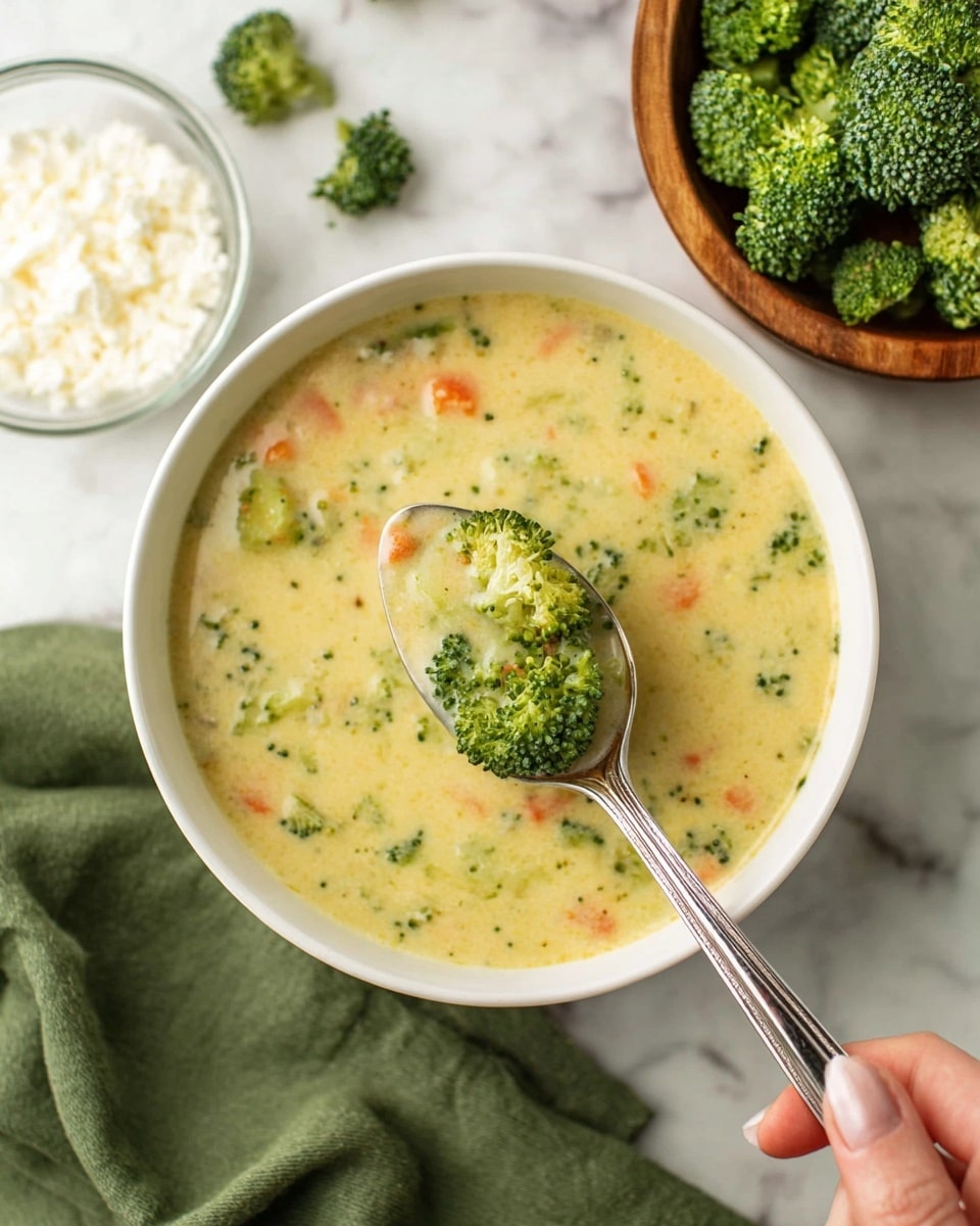 A white pot filled with creamy broccoli soup, showing visible small green broccoli pieces and tiny orange carrot bits mixed evenly in a light yellow, smooth broth. A ladle is lifted from the pot, scooping a portion of the soup that highlights the chunky broccoli and carrots, with a shiny surface reflecting light. The pot sits on a white marbled surface, surrounded by a green cloth, a piece of raw broccoli, a white bowl with a white creamy substance, and a wooden bowl with green leaves. Photo taken with an iphone --ar 4:5 --v 7
