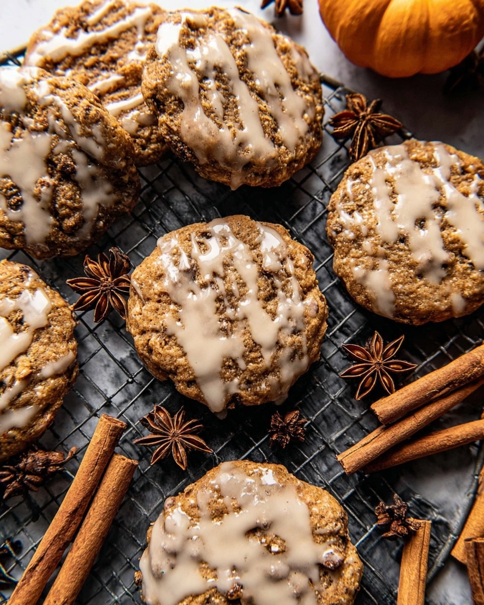 The image shows a group of brown cookies with a rough, slightly crunchy texture and small visible oats on the surface, placed on a metal cooling rack. Each cookie is topped with a light tan glaze that is unevenly spread in patches, blending slightly into the cookie's surface. The glaze appears smooth and creamy with a few specks, and some cookies have small grains of sea salt sprinkled on top. Around the cookies are a few whole star anis and cinnamon sticks adding a warm, spicy feel. The whole scene is set on a white marbled surface for a clean look. Photo taken with an iphone --ar 4:5 --v 7