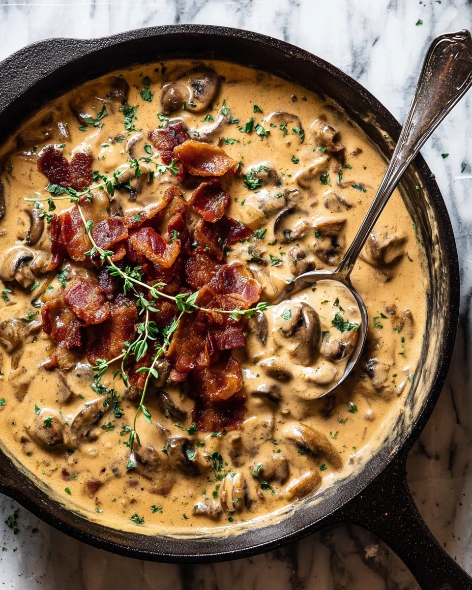 A black cast iron pan filled with a thick creamy beige sauce with visible slices of cooked mushrooms mixed in. There are pieces of browned, crispy bacon layered on top scattered over the sauce. Small green herb leaves are sprinkled across the dish as garnish. A silver spoon is partly submerged in the sauce, resting inside the pan. The pan is set on a background with a white marbled texture. Photo taken with an iphone --ar 4:5 --v 7