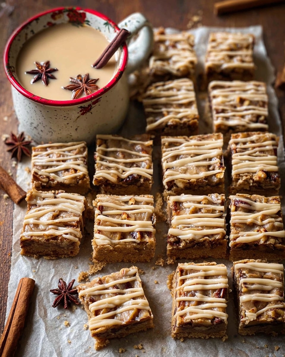 The image shows a small stack of three square bars with a soft, crumbly texture in light brown color. Each bar has a drizzle of light beige glaze on top with small chunks of light yellow nuts or fruit mixed in. The top bar is held above the stack by a woman’s hand, showing the moist inside of the bar. There is a white cup with a red rim to the right and a cinnamon stick lying on a wooden surface below, with a white marbled texture background. Some crumbs and powder are scattered around the bars. Photo taken with an iphone --ar 4:5 --v 7