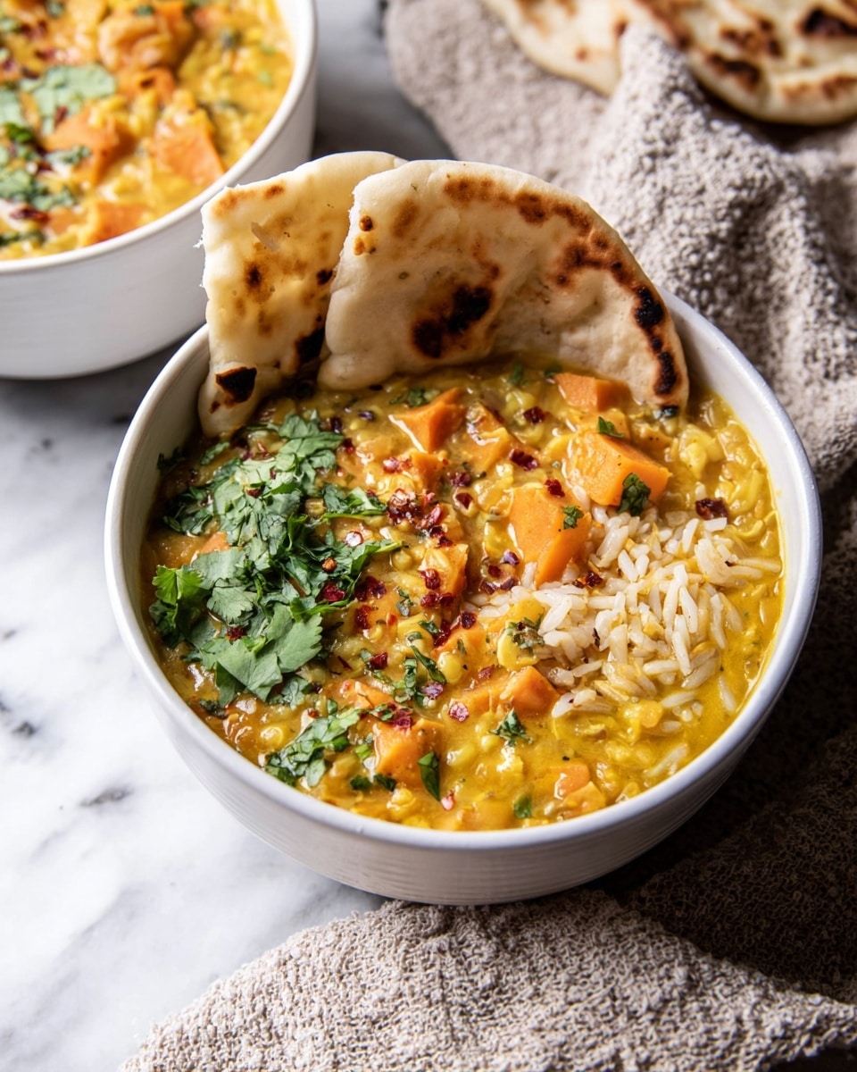 A white bowl filled with a thick yellowish-orange stew containing pieces of orange sweet potato, white rice, and lentils, topped with fresh green cilantro and small red chili flakes, with two folded pieces of toasted flatbread resting on the side inside the bowl. The bowl sits on a surface with a white marbled texture, next to a beige textured cloth. There is a second white bowl partly visible in the background with the same stew. photo taken with an iphone --ar 4:5 --v 7
