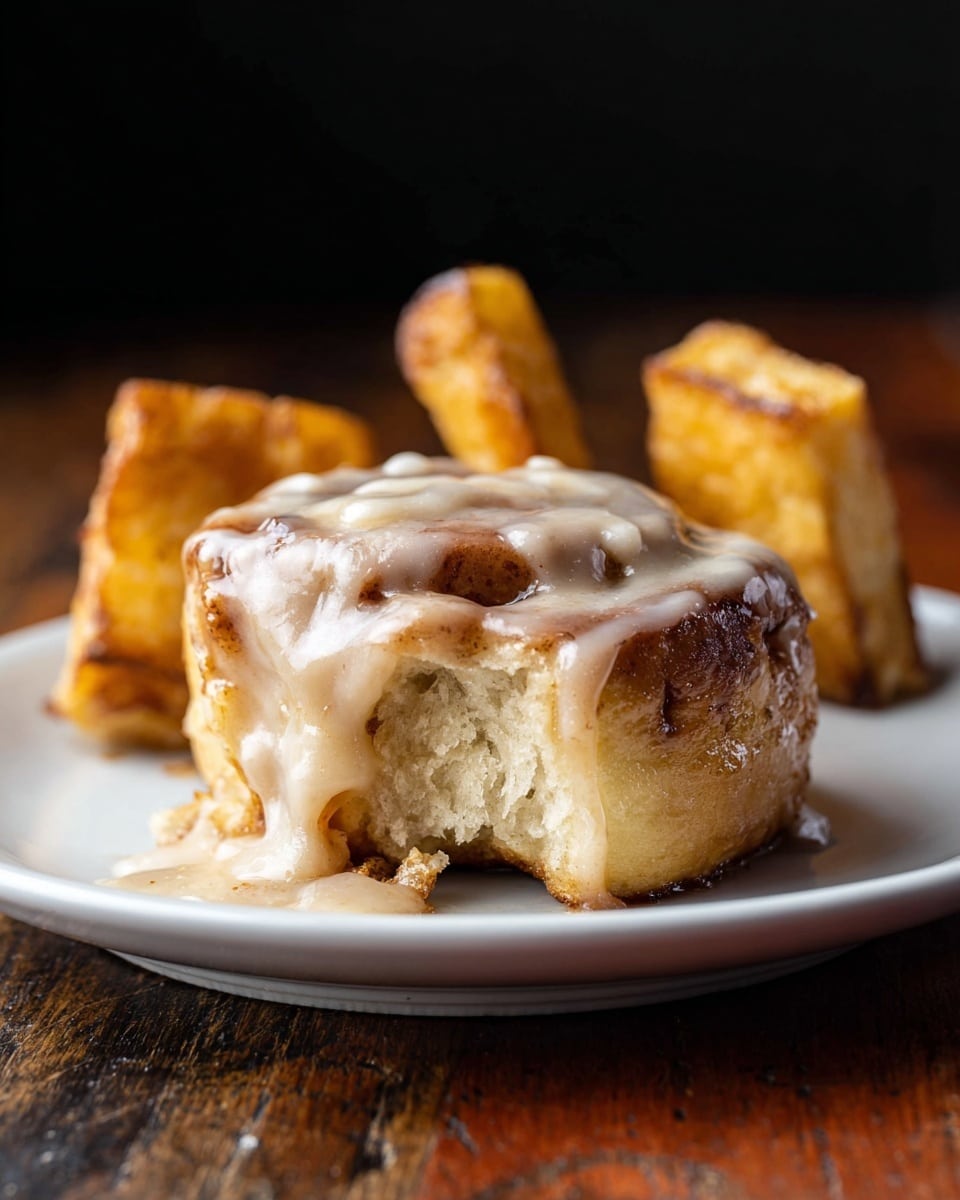 This image shows a close-up of eight cinnamon rolls placed closely together on parchment paper, resting on a white marbled surface. Each cinnamon roll has multiple golden-brown dough layers spiraled with dark brown cinnamon filling inside. On top of the rolls, there is a thick layer of creamy white icing, smoothly spread, covering much of the top part and slightly dripping down the sides. The texture of the icing looks soft and slightly speckled with tiny bits of cinnamon. In the background, a white cup with a red handle is partially visible near some cinnamon sticks lying on the white marbled surface. Photo taken with an iphone --ar 4:5 --v 7