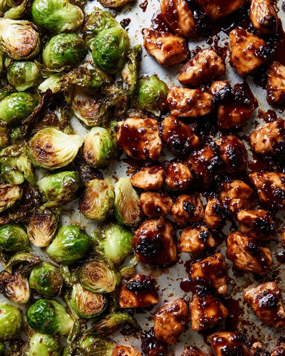 This image shows a close-up of two layers of food on a flat surface. The top layer has small pieces of chicken glazed with a shiny, dark brown sauce that looks sticky and caramelized, with some blackened spots showing they are cooked well. The chicken pieces are scattered mostly on the upper right side of the image. The bottom layer is made of roasted Brussels sprouts, cut in half with a bright green inside and crispy, browned outer leaves, spread across the lower left and center part of the surface. The surface under the food has a slightly worn, metallic look but should be imagined as a white marbled texture. photo taken with an iphone --ar 4:5 --v 7