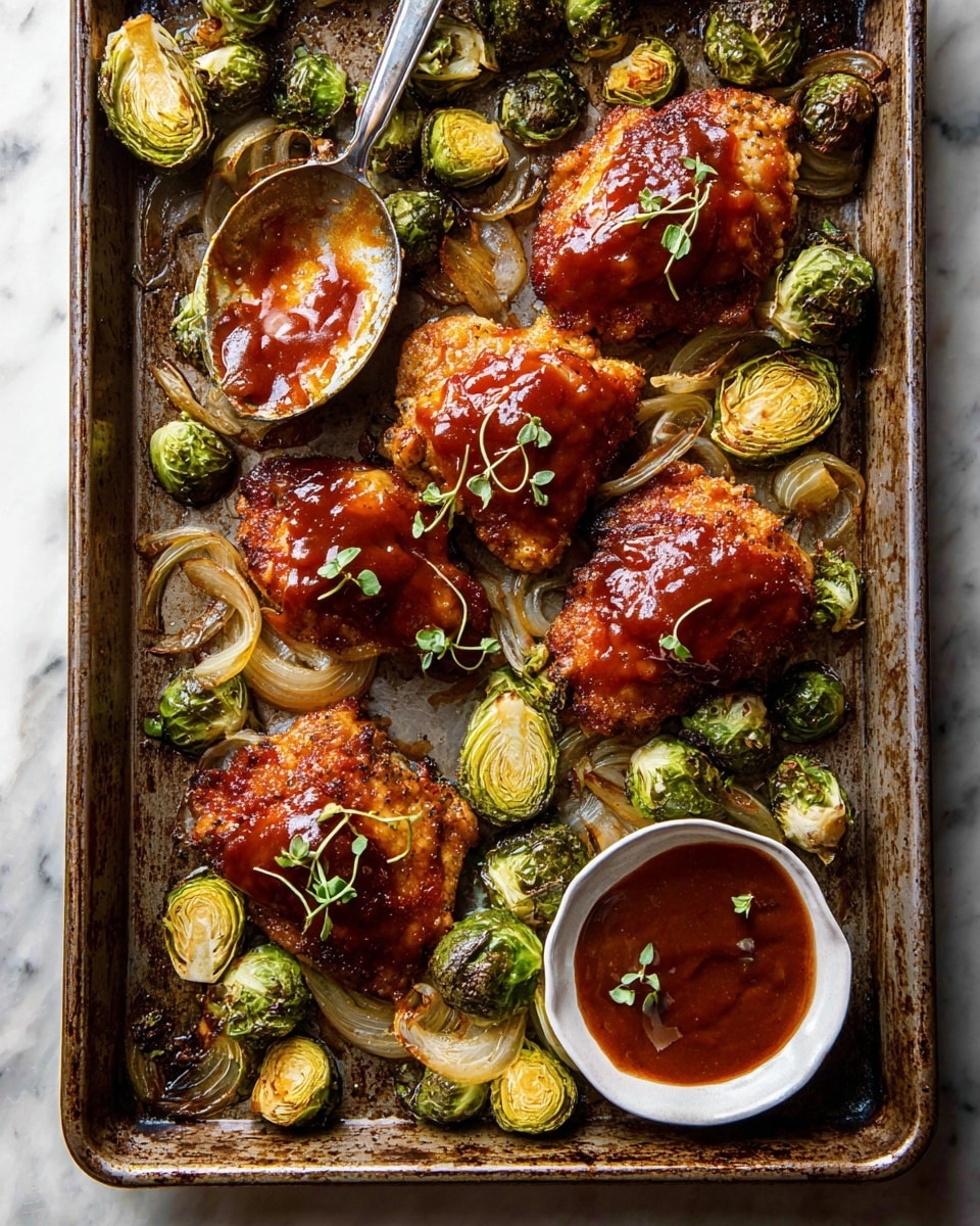 The image shows four pieces of golden-brown fried chicken coated with a shiny, reddish sauce, scattered across a metal baking tray. The chicken has a crispy texture with some herbs sprinkled on top. Around the chicken, there are several roasted Brussels sprouts, some cut in halves showing a charred green and brown surface, along with a few small white onion pieces. A large silver spoon filled with sauce holds a single Brussels sprout, resting near the chicken. The tray sits on a white marbled surface. photo taken with an iphone --ar 4:5 --v 7