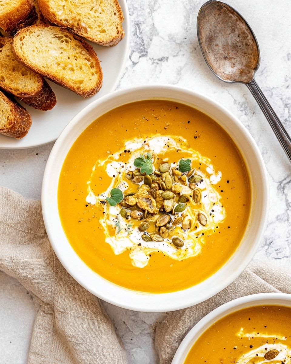 A white bowl filled with smooth orange pumpkin soup is topped with a swirl of white cream, roasted pumpkin seeds sprinkled with black pepper, and small green herb leaves. Behind the bowl, there is a small bright orange pumpkin. The bowl sits on a white marbled surface with a beige cloth and a tarnished silver spoon nearby. In the background, there is another white bowl with the same soup. The lighting is soft and natural, highlighting the soup’s creamy texture and warm colors photo taken with an iphone --ar 4:5 --v 7