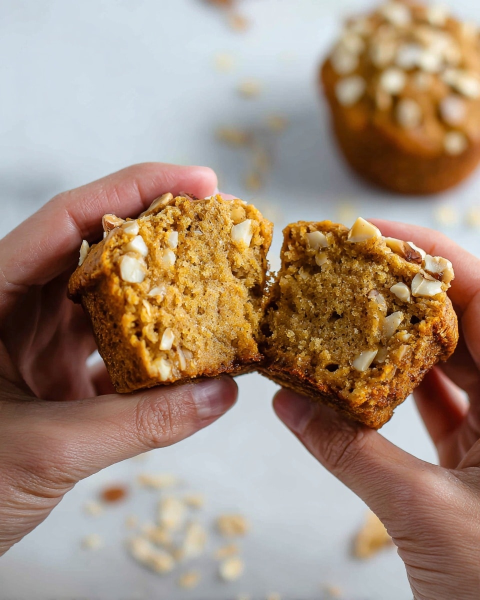 The image shows four baked muffins resting on a black cooling rack placed over a white marbled surface. Each muffin has a rough top layer sprinkled with light beige oat flakes and thin almond slices, adding texture and contrast to the warm brown muffin tops. The muffins sit in their natural-color paper liners, and the muffin closest to the front is in clear focus, showing its dense, slightly crumbly texture with visible bits of oats throughout. A few oat flakes are scattered on the surface below the rack, enhancing the fresh and homemade feel. Photo taken with an iphone --ar 4:5 --v 7