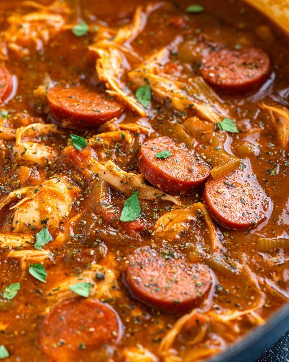 A close-up image of a rich stew showing two main layers: thick brownish-red sauce covering the bottom with visible salt, black pepper specks, and small green herb leaves scattered on top; and thick slices of reddish-brown sausage and pale strips of shredded meat mixed evenly within the sauce. The texture looks hearty and moist with small bits of herbs throughout. The photo taken with an iphone --ar 4:5 --v 7