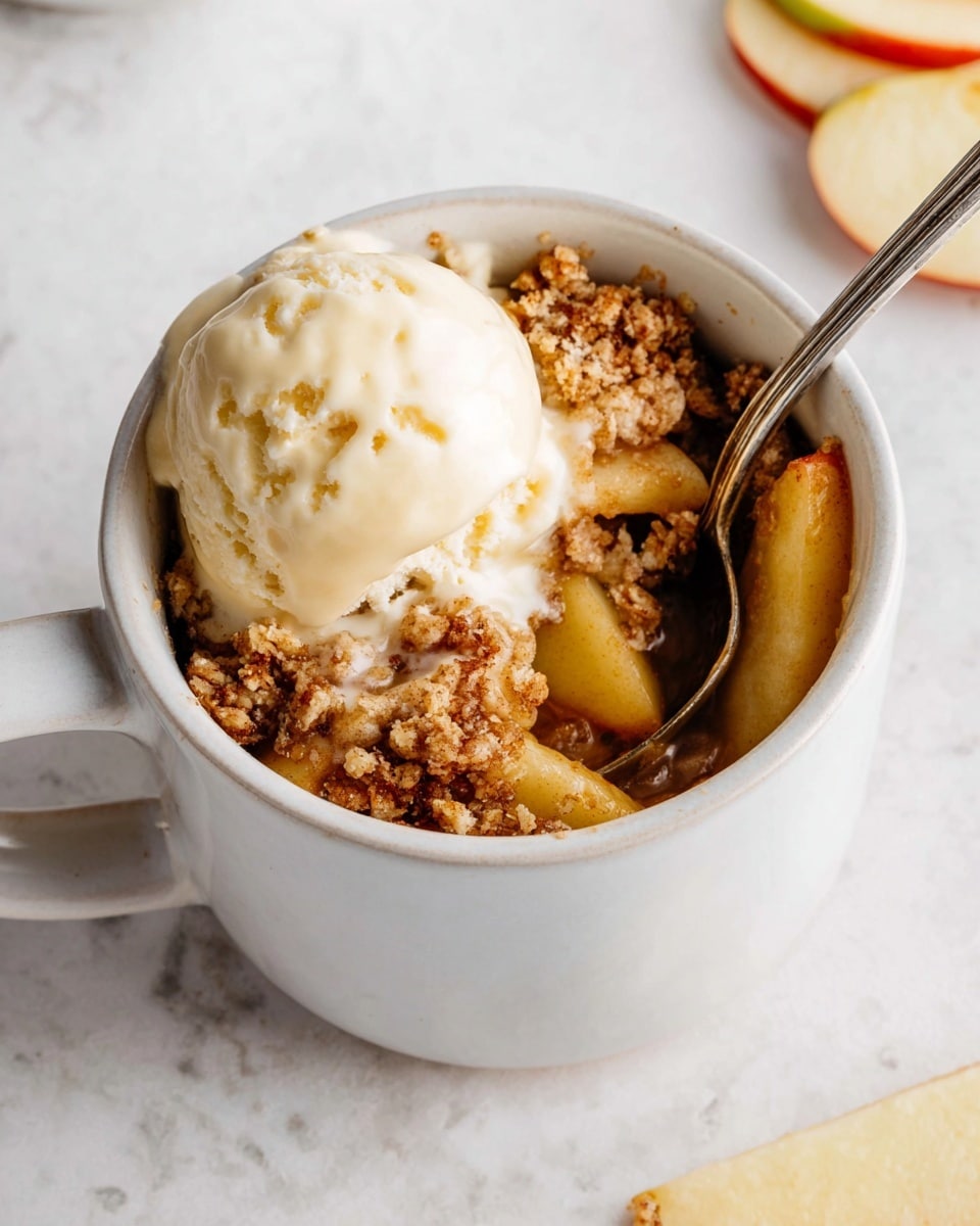 A white mug filled with warm apple crisp dessert in three layers: the bottom has sliced soft yellow apple pieces, the middle has a crumbly brown cinnamon-oat topping, and the top is a scoop of pale creamy vanilla ice cream beginning to melt. A vintage spoon with a worn handle is inside the mug resting on the apple and crumble. The mug sits on a white marbled surface with a few thin slices of fresh apple nearby. photo taken with an iphone --ar 4:5 --v 7