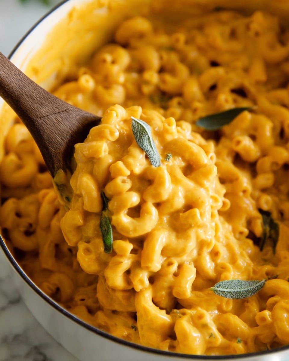 This image shows a close-up of a pot filled with creamy macaroni pasta coated in a thick yellow-orange cheese sauce. The pot has a dark interior and is surrounded by a white marbled surface. On top of the pasta, there are a few green leaves placed for decoration. A wooden spoon is lifting a scoop of the creamy macaroni, with some sauce clinging to the spoon's handle. The textures show smooth sauce and tender pasta curls. Photo taken with an iphone --ar 4:5 --v 7