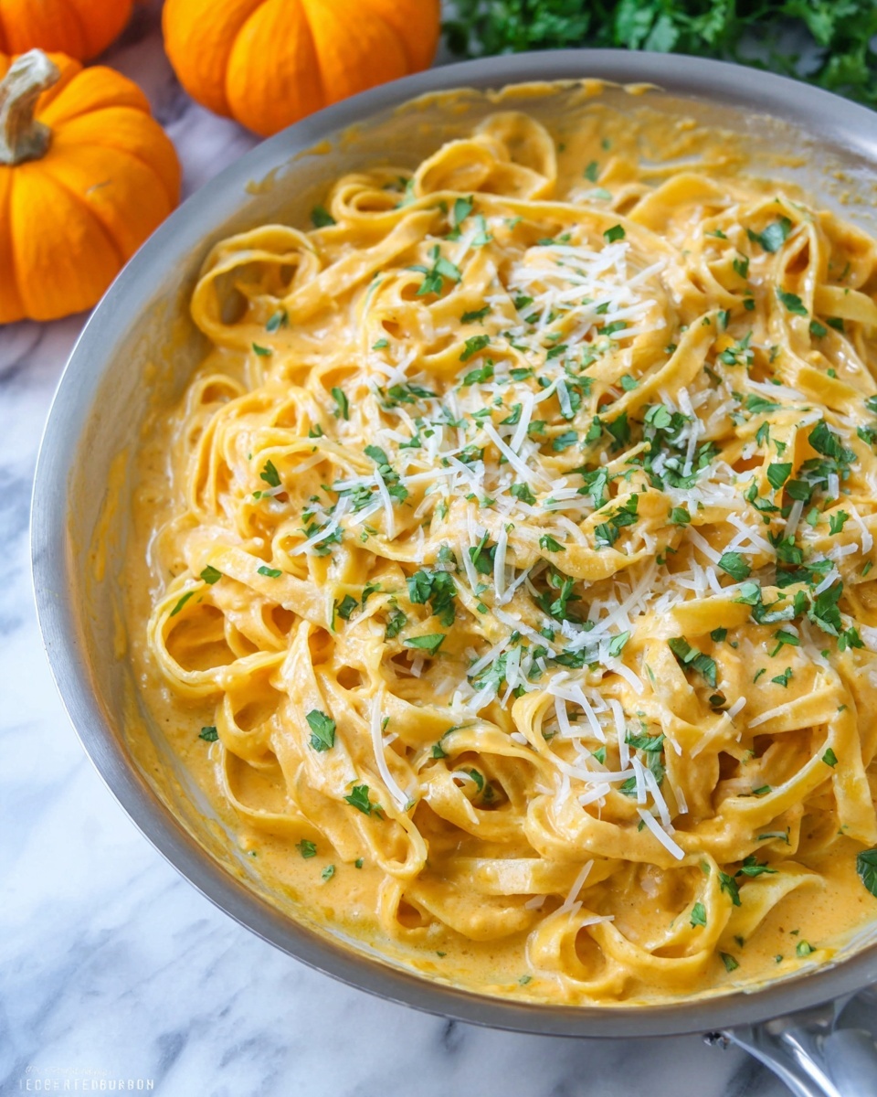 A silver pan filled with creamy orange pasta sauce and long, flat noodles mixed in with the sauce. The noodles are thick and entwined, coated in the smooth orange sauce with some green herbs sprinkled on top. There are light shreds of white cheese scattered over the noodles. Two silver serving spoons rest inside the pan, one lifting a portion of the pasta. The pan is on a white marbled surface with a small orange pumpkin and some green leaves in the background. Photo taken with an iphone --ar 4:5 --v 7