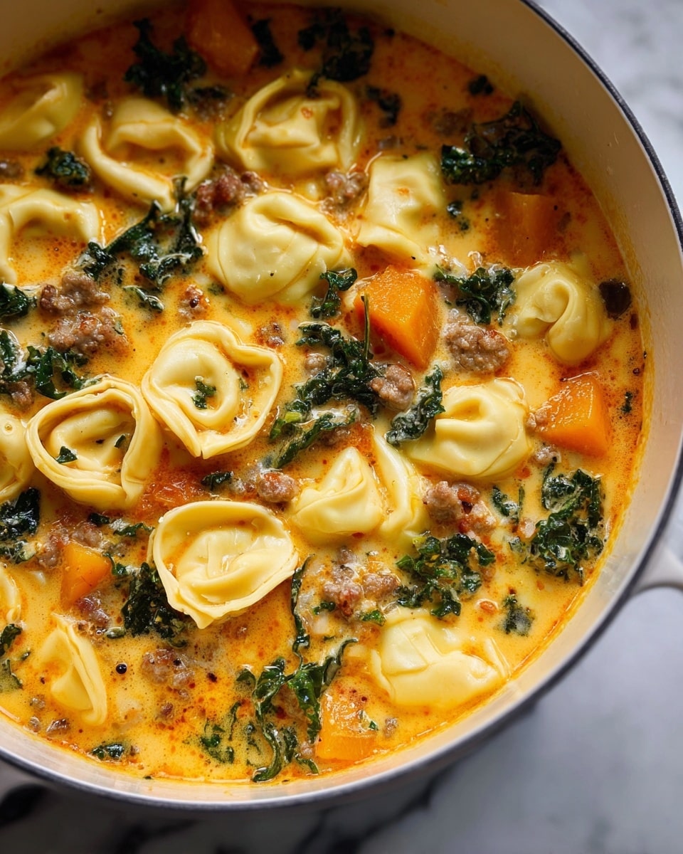The image shows a close-up of a creamy soup with three main layers visible in a white pot: the top layer has light yellow tortellini pasta with smooth, folded shapes; beneath the pasta, chunks of orange butternut squash and small brown pieces of sausage are scattered throughout; and dark green kale leaves add texture and color contrast. The soup base is an orange creamy broth with a slightly oily surface, filling the pot and surrounding the ingredients. The pot sits on a white marbled surface. Photo taken with an iphone --ar 4:5 --v 7