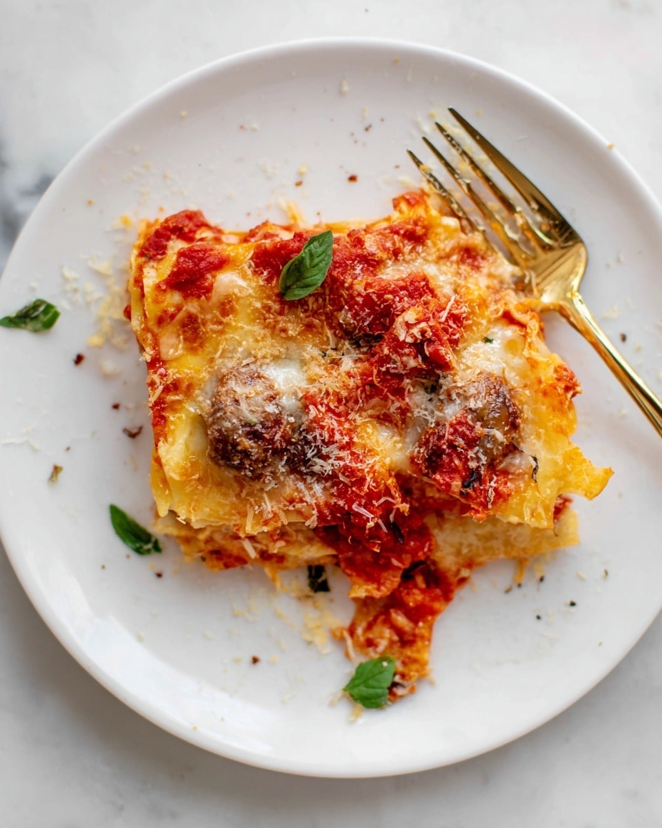 A white plate holds a serving of lasagna with three visible layers: the bottom layer is light yellow pasta, the middle layer has bright red tomato sauce mixed with shredded yellow cheese, and the top layer shows melted cheese with browned spots and some small pieces of meat covered in sauce. The dish is sprinkled with grated parmesan cheese and a few small green basil leaves on top. There is a golden fork resting on the plate near the lasagna, and the plate is placed on a white marbled surface. photo taken with an iphone --ar 4:5 --v 7