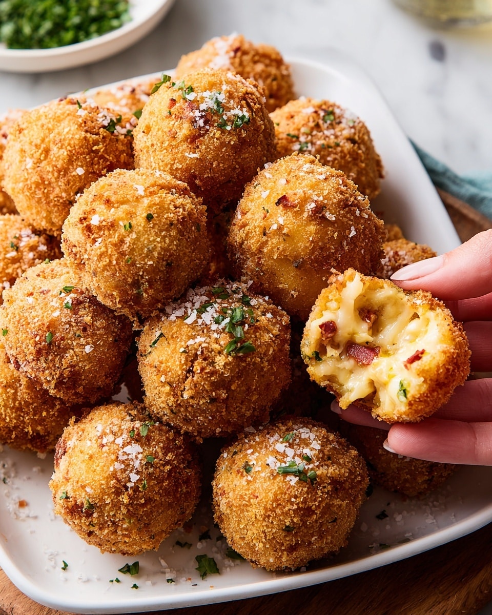 A pile of round, golden-brown fried balls with a rough, crispy texture sits on a white rectangular plate. Each ball is uniformly coated with breadcrumbs, showing a crunchy exterior. In front of the pile, two balls are broken open, revealing a soft inside with visible chunks of yellow cheese, small green herbs, and darker bits that look like bacon. The balls are sprinkled with small green herb pieces and coarse salt flakes on top. The background and surface are white marble, and the photo is clear and close up. photo taken with an iphone --ar 4:5 --v 7