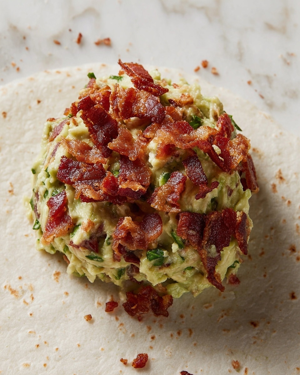 The image shows about fifteen small round balls covered in tiny bits of crispy bacon, giving them a rough texture of red, pink, and brown colors with some green herb flakes sprinkled on top. The balls are placed closely together on a plain white oval plate. There are three lime wedges bright green and shiny, placed on the plate near the balls. The plate is set on a white marbled surface with small scattered green herb pieces around it. Photo taken with an iphone --ar 4:5 --v 7