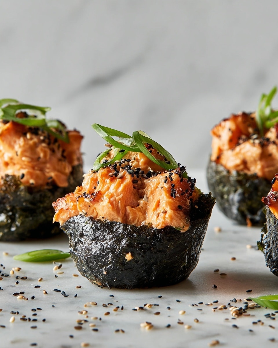 The image shows small seaweed cups filled with a creamy, orange salmon mixture that looks cooked and slightly browned on top. Each cup is wrapped by a dark, shiny, textured seaweed layer forming the base and sides. The salmon filling inside is chunky and moist with a smooth surface, topped with thin green onion slices arranged on top. Around the cups, small black and white sesame seeds are falling and scattered, adding texture and contrast to the scene. The entire arrangement sits on a white marbled surface with a soft, neutral background. photo taken with an iphone --ar 4:5 --v 7