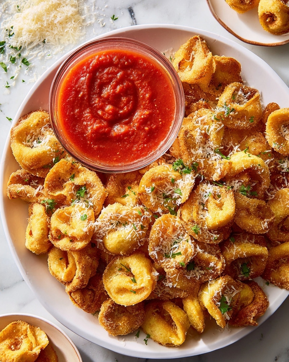 A white plate filled with golden brown fried tortellini sprinkled with finely grated white cheese and small green herb pieces. In the top left corner, a small clear glass bowl is filled with bright red marinara sauce, and a woman's hand is dipping one piece of fried tortellini into the sauce. The white marbled surface is visible around the plate, adding a clean and bright background. Photo taken with an iphone --ar 4:5 --v 7