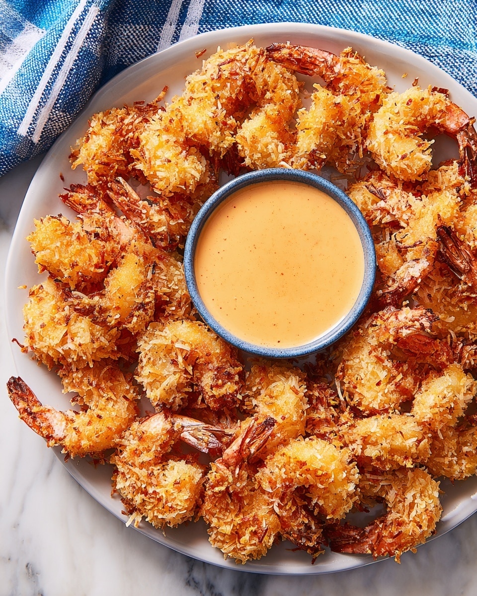 A white plate filled with a large pile of golden brown coconut shrimp, each piece showing crispy texture with light and dark toasted flakes. In the center of the plate is a small round bowl filled with creamy orange-colored dipping sauce. The plate and bowl are sitting on a white marbled surface, with a blue and white checkered cloth partially visible on the side. Photo taken with an iphone --ar 4:5 --v 7