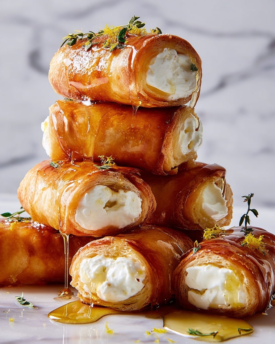 Several golden brown rectangular pastries are placed close together on a white marbled surface. Each pastry has a smooth, slightly shiny, crispy outer layer with a few irregular creases and is topped with small coarse salt flakes and tiny green herb sprigs scattered across. One pastry is partially open at the corner, revealing a soft, creamy white filling inside. There are bright yellow lemon zest shreds sprinkled around and a light drizzle of sticky honey on the pastries and surface. photo taken with an iphone --ar 4:5 --v 7