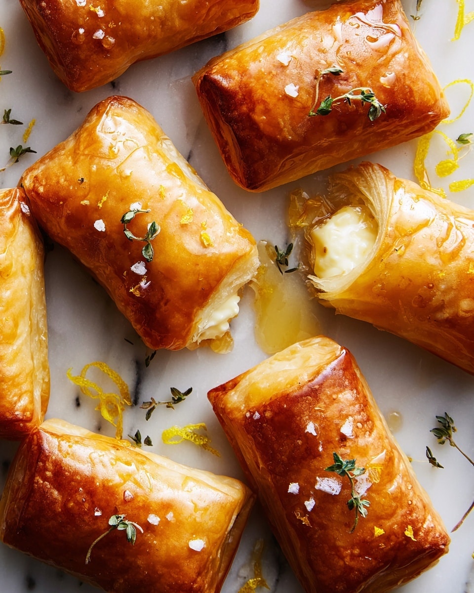 The image shows six golden-brown rolls stacked on a white marbled surface, each with a shiny, crispy outer layer. One roll is open at the top, revealing a creamy white filling inside soft layers of thin dough. A thick, golden syrup drips down the rolls, adding a glossy texture and shine. Small green herb sprigs and tiny yellow zest pieces are scattered around and on some rolls, giving a fresh look. The rolls are arranged in a casual pile with some syrup pooling at the base. photo taken with an iphone --ar 4:5 --v 7