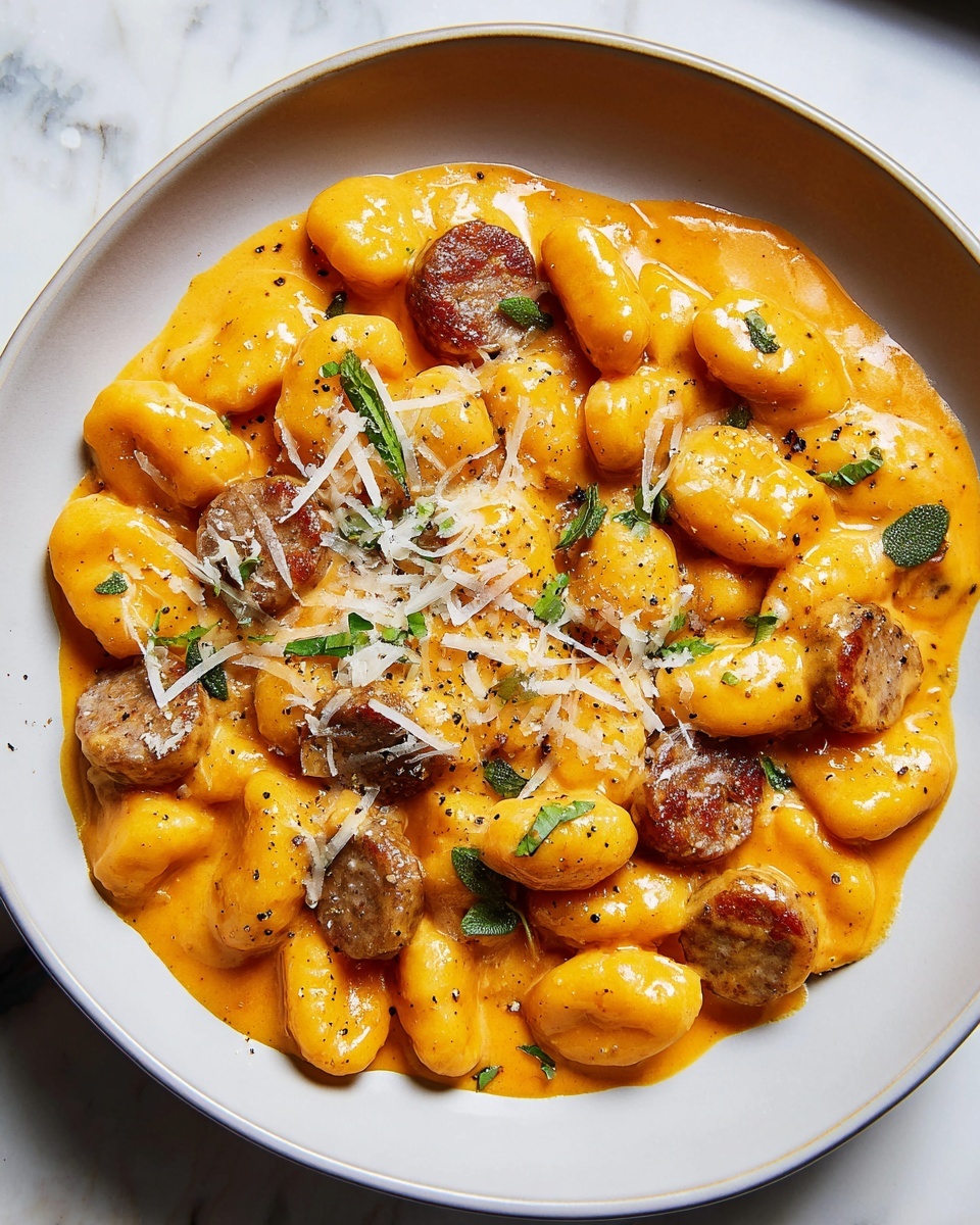 A round white plate holds a creamy orange sauce as the base layer, thick and smooth covering the bottom. On top of this, there are many small, soft gnocchi pieces that are pale yellow, slightly shiny from the sauce, spread evenly around the plate. Scattered among the gnocchi are several browned sausage slices with a rough texture, adding a darker brown color contrast. Light green chopped parsley is sprinkled over everything, along with thin shreds of white cheese and small specks of black pepper, creating a mix of colors and textures on the dish. The background is a white marbled surface, and the photo is taken with an iphone --ar 4:5 --v 7
