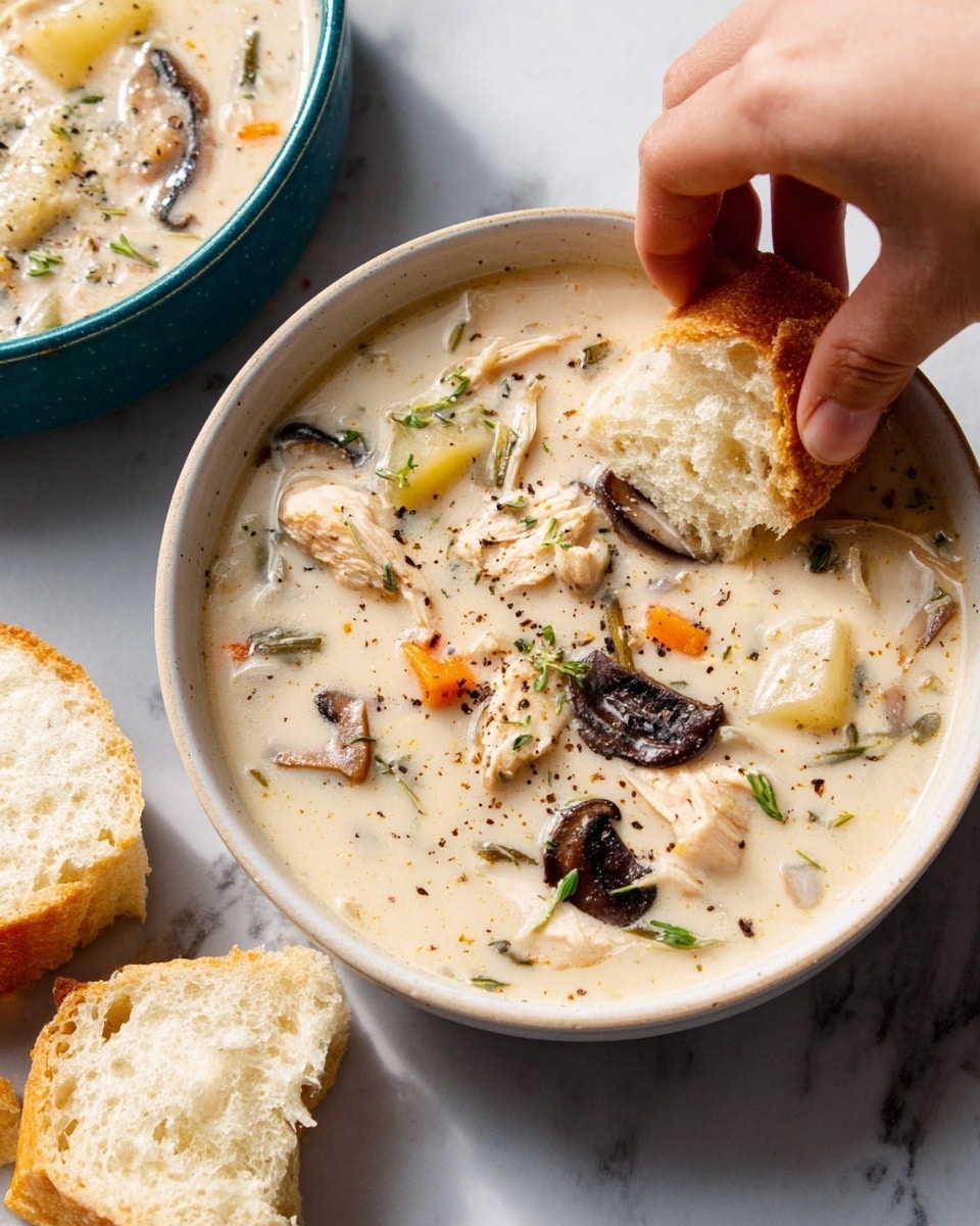 A white bowl filled with creamy soup that has pieces of light brown chicken, dark brown mushroom slices, small orange carrot bits, green herbs, and pale potato chunks mixed in. The soup looks smooth and thick, with specks of black pepper on top. A woman's hand is dipping a torn piece of white bread into the soup. Next to the bowl, there are two pieces of torn white bread placed on a white marbled surface. Photo taken with an iphone --ar 4:5 --v 7