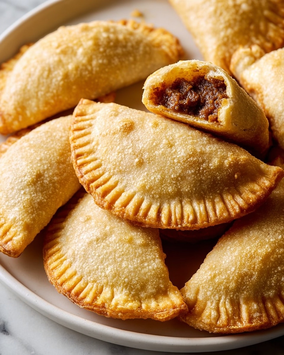 A close-up of several half-moon-shaped pastries with a golden, slightly rough crust, arranged closely on a white plate. Each pastry has a crimped edge, showing a thicker border with small indentations, creating texture. One pastry on top is broken open, revealing a dark brown filling with a smooth, thick texture inside. The plate is set on a white marbled surface. Photo taken with an iphone --ar 4:5 --v 7