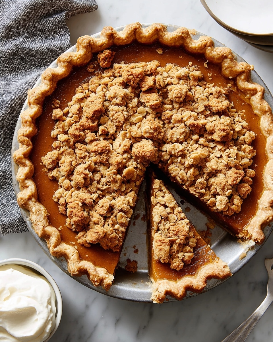 A round pie with a thick, golden brown crust around the edges, filled with a smooth dark orange layer of pumpkin filling. On top, there is a thick crumbly oat streusel layer in uneven chunks, golden to light brown in color with visible oat flakes. One slice is lifted slightly showing the three layers clearly: crust, filling, and soft crumb topping. The pie is in a shallow metal pie pan placed on a white marbled surface, with a gray cloth napkin to the left and part of a white bowl with creamy white whipped topping at the bottom left corner. photo taken with an iphone --ar 4:5 --v 7