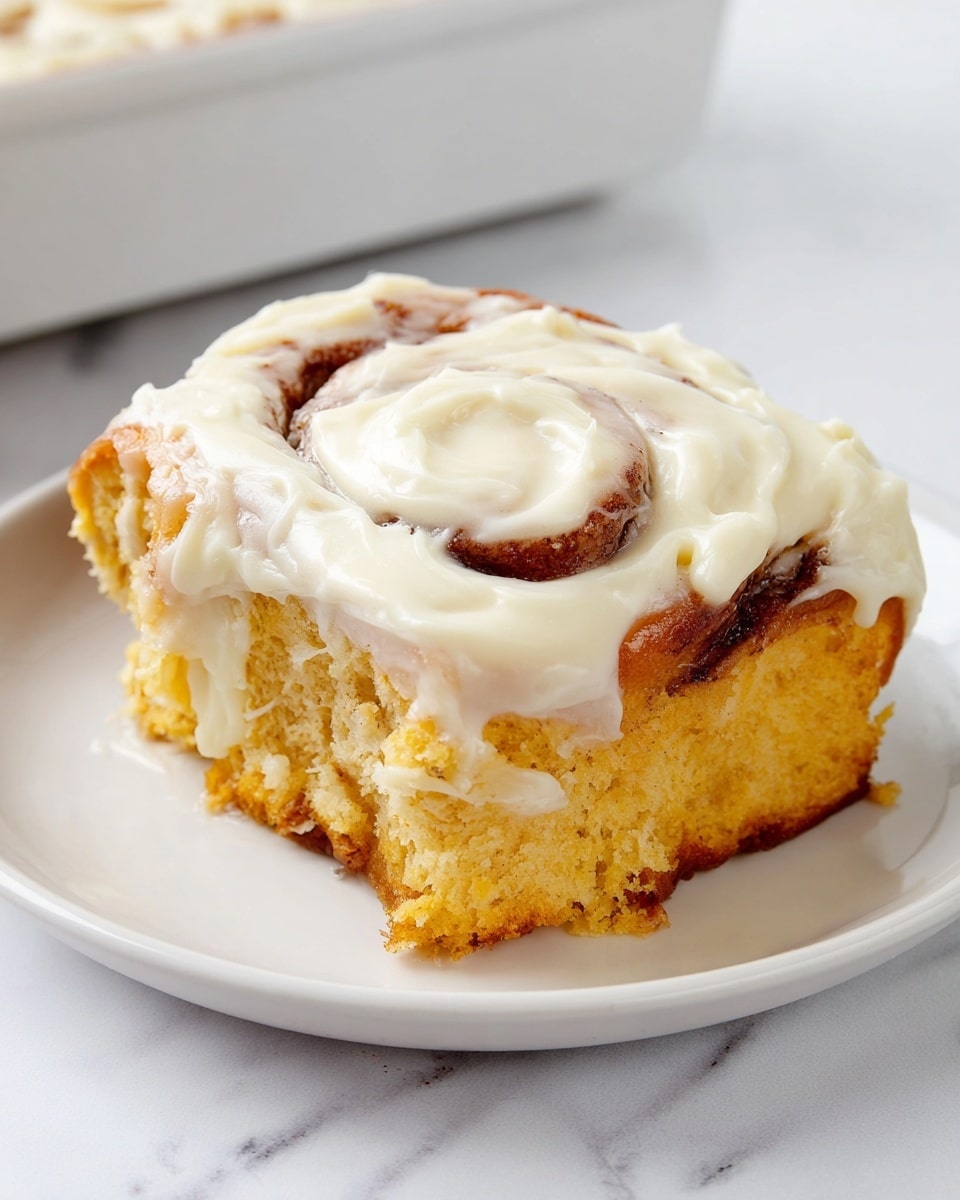 A white rectangular baking dish holds six cinnamon rolls with thick, creamy white frosting that covers each roll in a smooth, slightly swirled layer. The cinnamon rolls have a golden-brown dough visible beneath the frosting, showing soft and fluffy texture with some cinnamon filling peeking through. One roll is removed and placed slightly to the side, revealing the rolls' soft inside and swirled cinnamon layers. The edges of the dish have some browned bits from baking, contrasting with the creamy frosting. The dish is set on a white marbled surface photo taken with an iphone --ar 4:5 --v 7