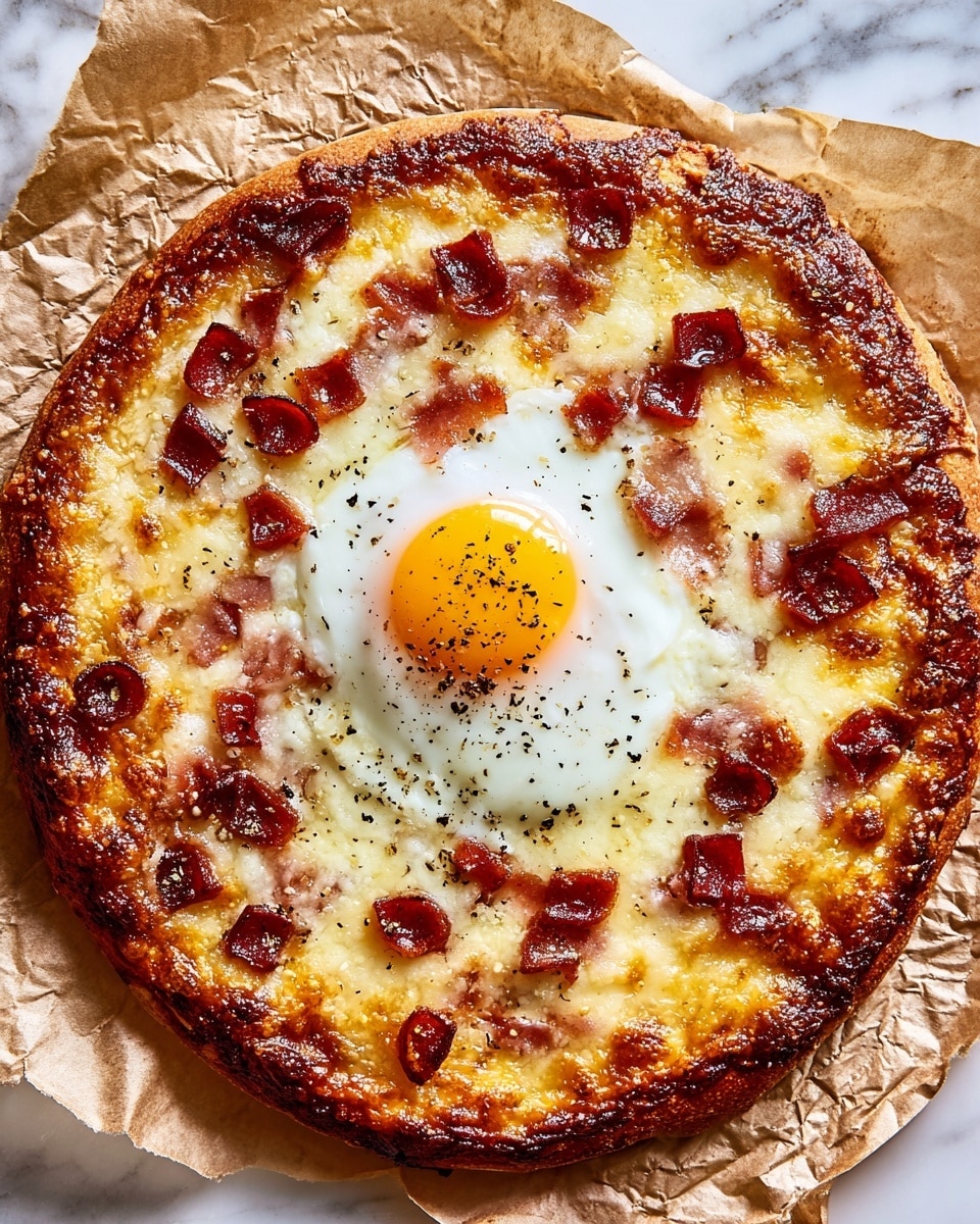A round pizza with a golden-brown crust, topped with melted cheese that is browned in spots and scattered pieces of pepperoni evenly spread across. In the center, there is a single fried egg with a soft yellow yolk and white edges, sprinkled with black pepper. The pizza sits on crinkled parchment paper over a white marbled surface. photo taken with an iphone --ar 4:5 --v 7