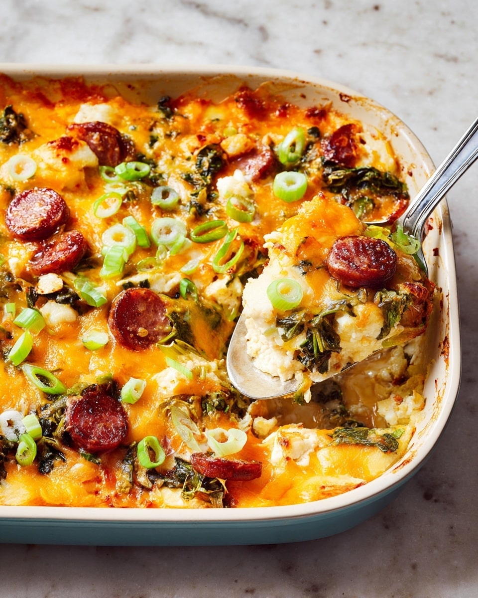 The dish is a baked casserole in a white rectangular baking dish, showing several layers. The bottom layer includes chunks of white cheese and cooked leafy greens mixed with sausage slices that are brown and slightly crispy. Above this, there is a thick layer of melted bright yellow-orange cheddar cheese, covering the casserole evenly. Scattered on top are thinly sliced green onions, adding a fresh green contrast. A metal spoon is scooping a portion near the right edge, showing visible layers of cheese, sausage, and cheese underneath. The background is a white marbled texture. Photo taken with an iphone --ar 4:5 --v 7