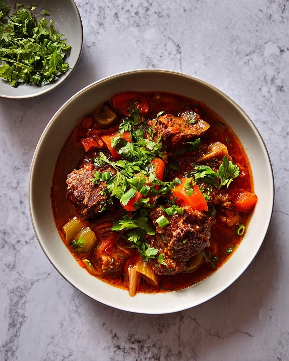 A large white pot filled with thick, dark brown braised meat chunks layered on top of cooked celery sticks and large pieces of carrot, all sitting in a rich, reddish-brown sauce. There are two halved heads of roasted garlic and fresh green parsley leaves sprinkled on top. A ladle rests inside the pot, partially submerged in the sauce. On the top right, there is a white bowl holding a smaller portion of the same stew with a visible large meat piece, some celery, carrot chunks, and parsley garnish. The background is a white marbled surface. Photo taken with an iphone --ar 4:5 --v 7