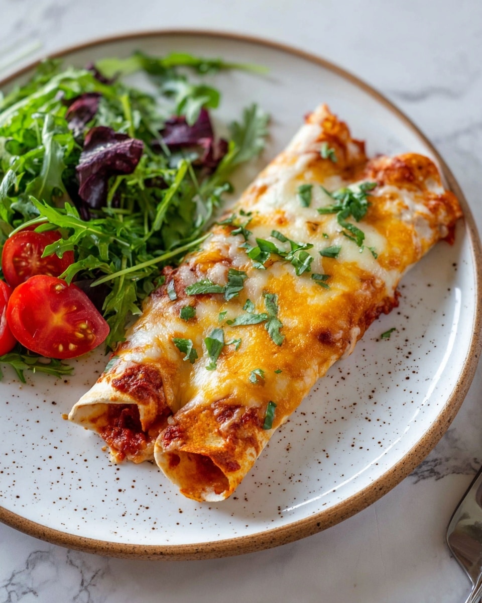 A black baking dish filled with a layer of rolled tortillas standing side by side along the edges, covered with a rich red sauce spread evenly over them. On top, a generous layer of melted yellow and white cheese that is bubbly and slightly browned in spots, creating a creamy texture. Scattered over the cheese are fresh, chopped green herbs adding a pop of color. A wooden spatula is lifting one corner of the dish, showing the thickness of the layers. The dish is on a white marbled surface with some green herb sprigs placed around it for decoration. Photo taken with an iphone --ar 4:5 --v 7