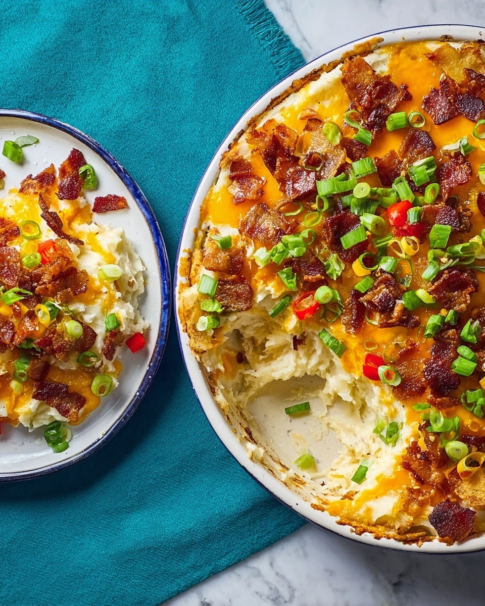 A round white baking dish filled with a layered potato casserole. The bottom layer is creamy mashed potatoes with a smooth white texture. On top of that is a layer of melted bright yellow cheddar cheese, followed by crispy brown potato skins scattered unevenly across the surface. Small pieces of browned bacon are spread out on top, adding a reddish-brown color. The dish is garnished with chopped green onions evenly sprinkled over everything. The dish sits on a white marbled surface with a stack of white plates and a copper spoon to the side, and a glass of clear sparkling water nearby. photo taken with an iphone --ar 4:5 --v 7