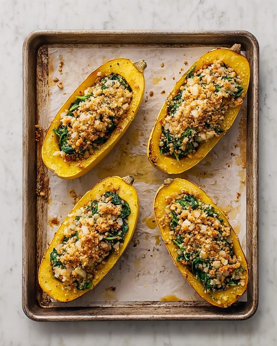 Four squash halves sit side by side on a baking tray lined with parchment paper against a white marbled surface. Each yellow squash half forms the bottom layer, warm and soft, holding a green layer of cooked spinach. On top of the spinach is a golden brown crumb topping, made of small crunchy bits, scattered unevenly. The tray shows slight oil stains around the squash, adding a fresh baked look. photo taken with an iphone --ar 4:5 --v 7