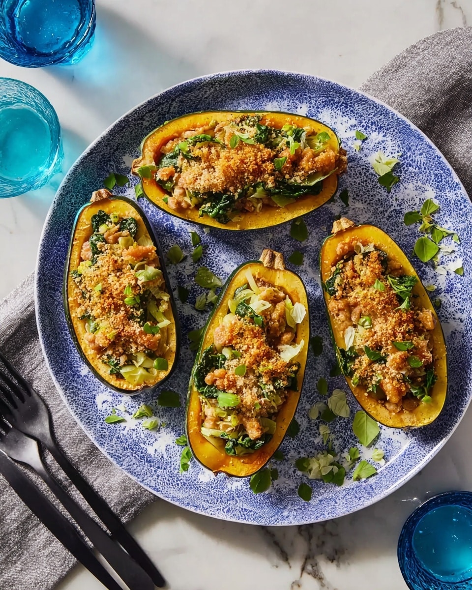 Four stuffed squash halves are arranged on a large white plate with a blue pattern. Each squash half is filled with a mixture of green leafy vegetables, small chunks of a light brown ingredient, and a sprinkling of golden brown crumbs on top, which look crispy. Small green herbs are placed on the filling and sprinkled around the plate. The plate is set on a white marbled surface with a gray cloth and two black forks nearby, and two blue glasses filled with water are visible in the background. Photo taken with an iphone --ar 4:5 --v 7