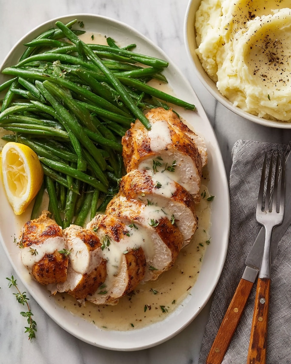 A white oval plate shows a serving of sliced golden-brown cooked chicken topped with light beige creamy sauce and sprinkled with green herbs, placed on the left side. On the right side of the plate, there is a pile of cooked green beans, shiny and bright green, extending from the middle to the top right. A small lemon wedge rests between the chicken and green beans. Next to the plate is a white bowl filled with creamy white mashed potatoes sprinkled with black pepper. A woman's hand is holding a fork over the potatoes, and a knife with a wooden handle lies beside the plate. All of these are on a white marbled surface with a gray cloth underneath the bowl. Photo taken with an iphone --ar 4:5 --v 7