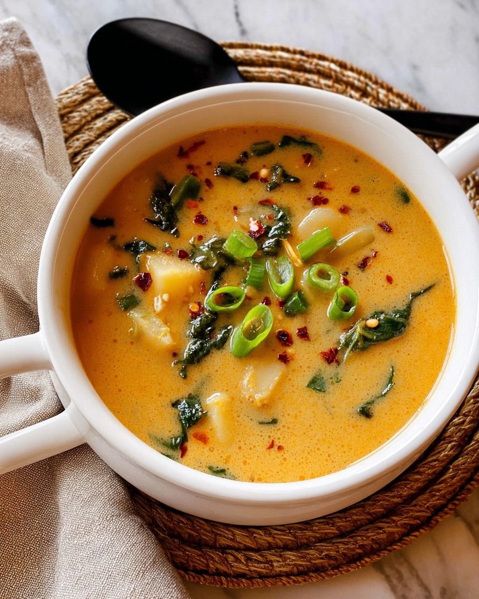 A white bowl filled with a smooth, thick orange-brown soup with visible soft chunks of light beige potato pieces inside. On top, there are thin green slices of fresh scallion and small red chili flakes scattered around, adding texture and color contrast. The soup's surface has a slight shine, showing it is creamy and warm. The bowl is set on a woven mat with a piece of light-colored bread and a white towel with a thin gray stripe beside it, all placed on a white marbled surface. photo taken with an iphone --ar 4:5 --v 7