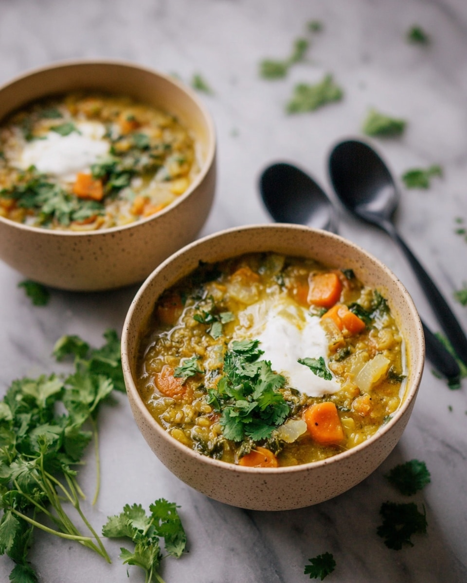 The image shows two bowls filled with a thick, yellowish stew containing orange carrot pieces, green leafy bits, and other vegetables. Each bowl has a dollop of white cream on top, garnished with fresh green cilantro leaves scattered around the cream and stew. The bowls are light brown with a speckled texture, sitting on a white marbled surface. Near the front bowl, sprigs of fresh cilantro lie on the surface, and two black spoons rest side by side behind the front bowl. The image uses soft, natural light that highlights the textures and colors of the stew and garnishes. Photo taken with an iphone --ar 4:5 --v 7