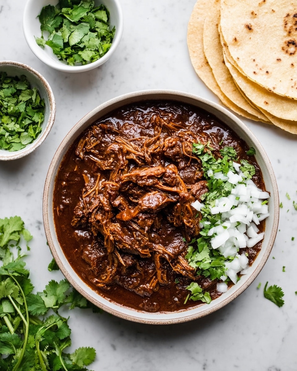 A round white bowl filled with thick, dark brown stew made of shredded tender meat in rich sauce, topped with small white onion pieces and bright green cilantro leaves scattered on top. A large silver spoon rests inside the bowl on the left side, partially covered in sauce. The bowl sits on a white marbled surface with some fresh cilantro leaves and small bowls of diced onion and more cilantro around it, and two yellow corn tortillas to the upper right. Photo taken with an iphone --ar 4:5 --v 7