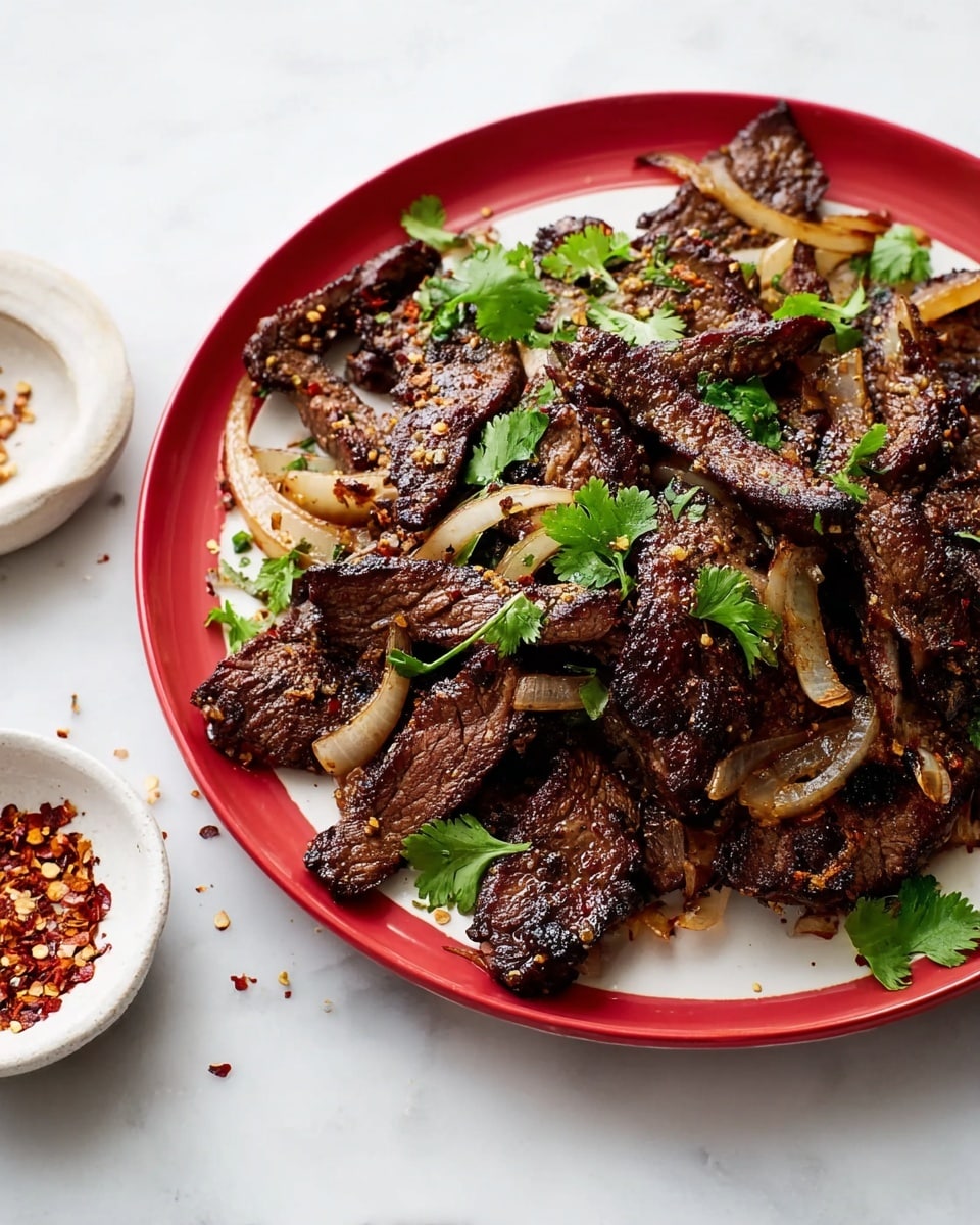 A large red plate holds a serving of cooked beef strips that have a dark brown, slightly charred surface texture, layered with thin cooked onion slices that are pale yellow and translucent. Scattered bright green cilantro leaves sit on top and around the beef, adding pops of fresh color. A spoon with a dark metal head and a brown wooden handle rests on the side of the plate, partially under the beef. The plate is placed on a white marbled surface with a soft gray cloth nearby, and a small white bowl with reddish-brown spices is in the top right corner. Photo taken with an iphone --ar 4:5 --v 7