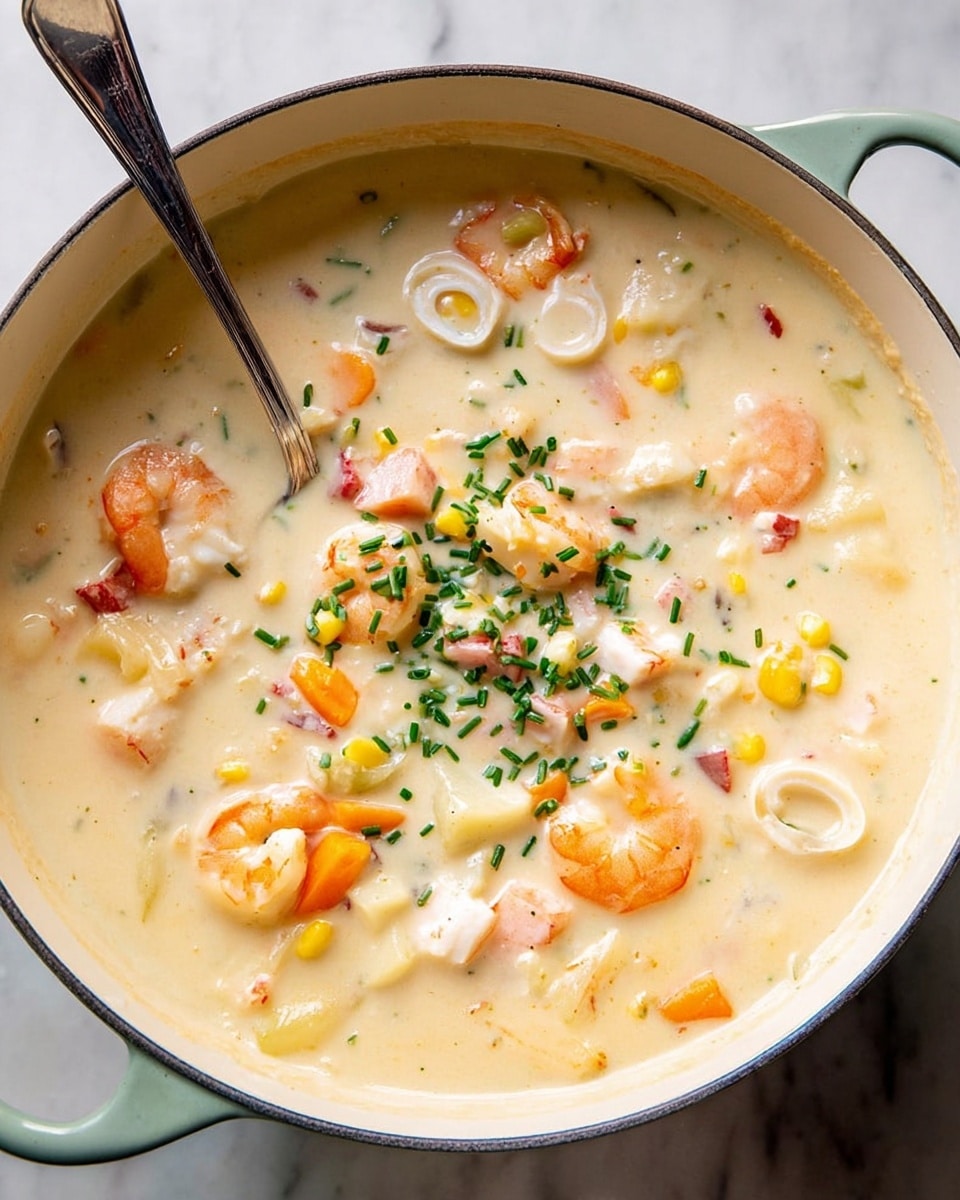 The image shows a close-up of a ladle filled with creamy soup held over a pot. The soup is thick and smooth with a pale cream color, containing visible chunks of orange shrimp, yellow corn kernels, small pieces of white potato, and bits of orange carrot. There are green herb bits scattered throughout the soup, adding small pops of color. The background is softly blurred but shows more of the creamy soup inside the pot. Photo taken with an iphone --ar 4:5 --v 7