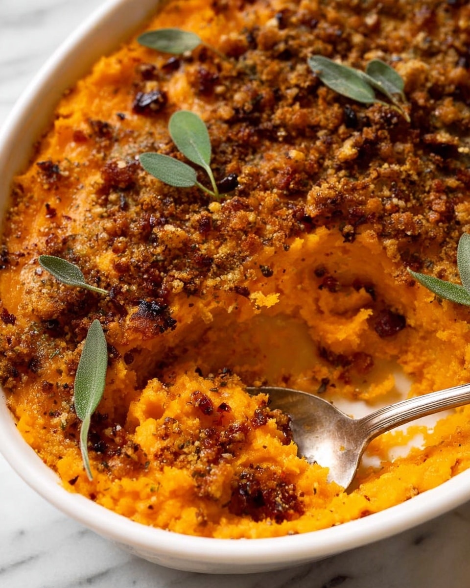 The dish shows a white round bowl filled with a vibrant orange mash layer that looks smooth and soft, topped with a crumbly brown topping mixed with bits of darker spices or herbs scattered unevenly across the surface. Small green herb leaves decorate the top, adding a fresh touch. A metal spoon is scooping out a thick portion, revealing the rich texture of the orange layer beneath the crumbly topping. The bowl sits on a white marbled surface. photo taken with an iphone --ar 4:5 --v 7