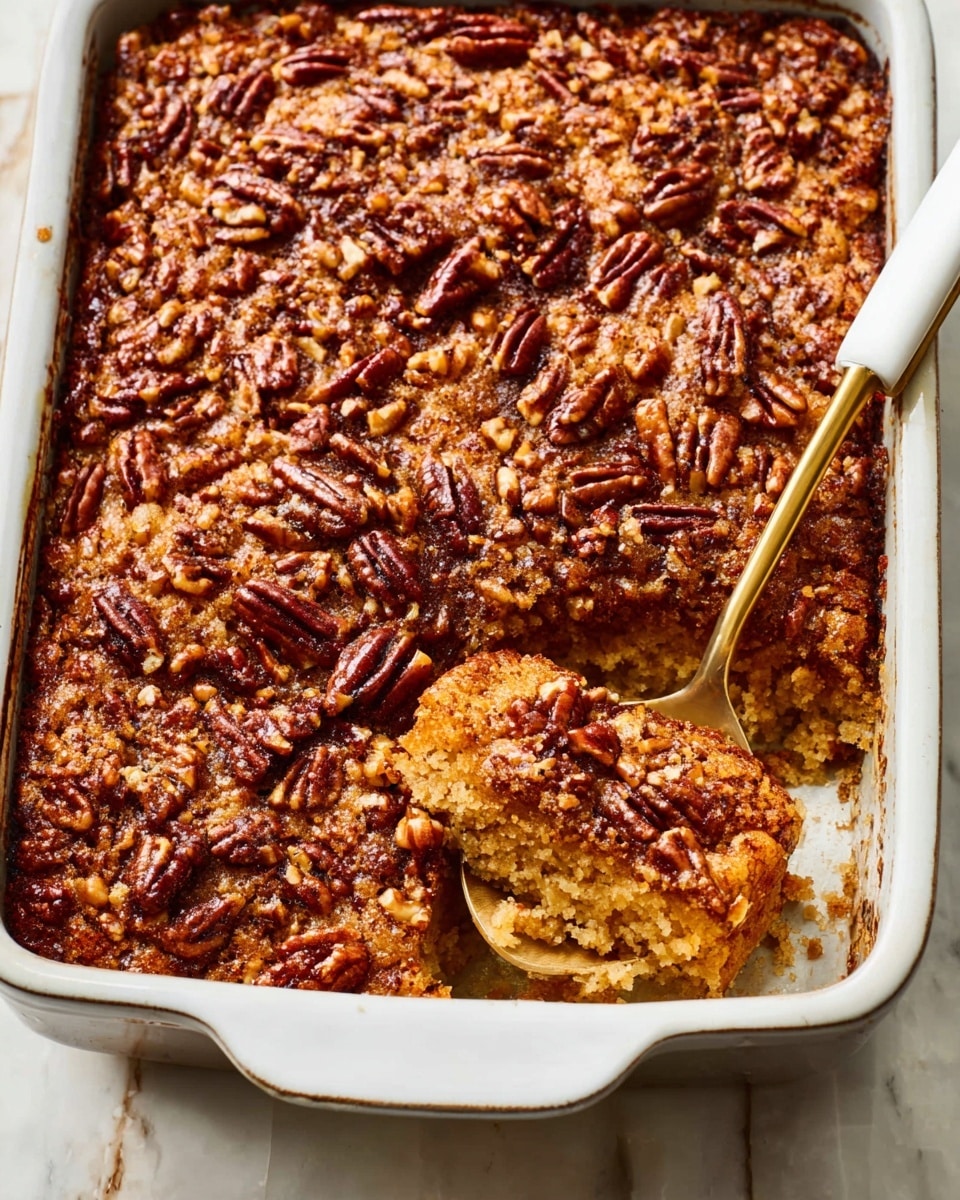 The image shows a white rectangular ceramic baking dish filled with a layered dessert topped with a thick layer of toasted pecans. The top layer is golden brown and looks crispy with uneven, slightly cracked texture. Below the pecans, a soft, light brown cake layer can be seen where a scoop has been taken out, showing a moist and dense inside. A white-handled gold spoon is lifting a portion from the dish, revealing the distinct separation between the nutty crunchy top and the soft cake layer underneath. The dish is placed on a white marbled surface. photo taken with an iphone --ar 4:5 --v 7
