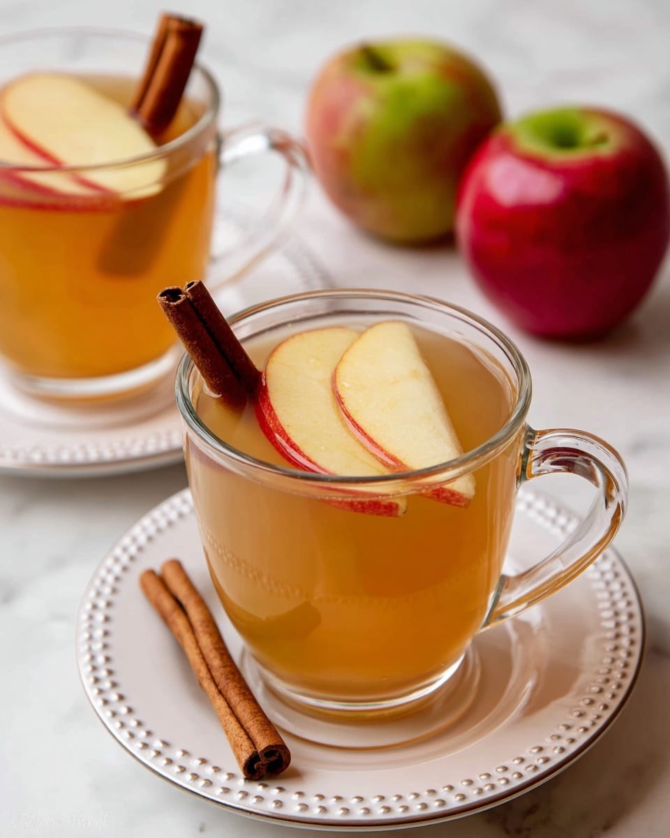 The image shows a light brown drink served in three clear glass mugs. Each mug has two slices of red and green apple floating on top and a brown cinnamon stick placed inside. One mug is on a small white plate with a dotted edge, and the other two mugs sit directly on a light beige checkered cloth. To the left, there is a large white pot filled with the same light brown drink, with apple slices floating inside and a silver ladle resting in the pot. Nearby, there is a white plate holding three small brown muffins with a sugar-coated texture, one of which has a bite taken out. Scattered around are whole apples in shades of red and green, some with attached green leaves, and a few loose cinnamon sticks on the checkered cloth. The surface is a white marbled texture photo taken with an iphone --ar 4:5 --v 7