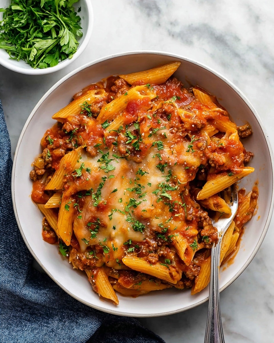 In a white bowl with a white marbled background, there is a baked pasta dish with three main layers: the bottom layer has cooked penne pasta mixed with chunky red tomato sauce and bits of browned ground meat, the middle layer is rich and saucy with the meat and tomatoes blending into the pasta, and the top layer is a golden melted cheese blanket with small green herb sprinkles scattered across it. A wooden spoon is scooping out a portion showing all layers with pasta, meat, sauce, and cheese, with some fresh green herbs on top. Photo taken with an iphone --ar 4:5 --v 7