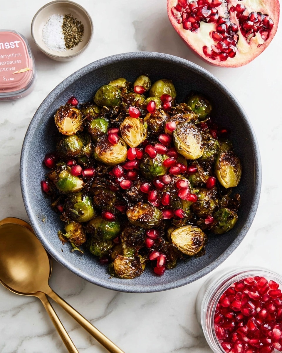 The image shows a white bowl filled with two layers of food: the bottom layer is made of roasted Brussels sprouts that are browned and crispy on the edges, displaying a mix of dark green and golden brown colors; the top layer is scattered pomegranate seeds, bright red and shiny, which add a fresh and juicy contrast. Around the bowl, on the white marbled surface, there are pomegranate halves with seeds spilling out, a small white dish with pepper, and a gold spoon lying flat. The lighting is soft, highlighting the textures and colors of the dish. Photo taken with an iphone --ar 4:5 --v 7
