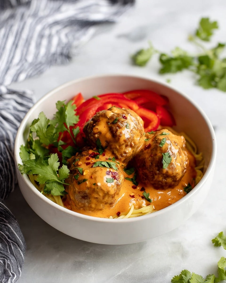 A white bowl filled with eight round, brown meatballs covered in a thick, smooth reddish-orange sauce. The sauce has a creamy texture with small red specks sprinkled on top. Green cilantro leaves are scattered on the meatballs and sauce, adding a fresh color contrast. The bowl sits on a white marbled surface with a halved lime and some cilantro leaves nearby. A white cloth with black stripes is partly visible in the top left corner of the image. Photo taken with an iphone --ar 4:5 --v 7