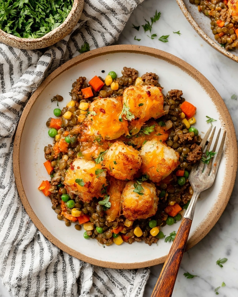 The dish is served on a white plate with a light brown rim, placed on a white marbled surface. The bottom layer consists of a mixed lentil and vegetable medley with green peas, orange carrot cubes, yellow corn, and small bits of browned ground meat, creating a colorful and textured base. On top are seven golden-brown crispy potato tater tots, some sprinkled with melted orange cheese and small green herb leaves. To the right of the plate is a fork with a wooden handle resting partially on the plate. In the upper left corner, a rustic bowl filled with chopped green fresh herbs is partly visible. A striped cloth napkin lies on the white marbled surface near the plate. The overall look is warm and inviting with a mix of textures and rich earth tones photo taken with an iphone --ar 4:5 --v 7